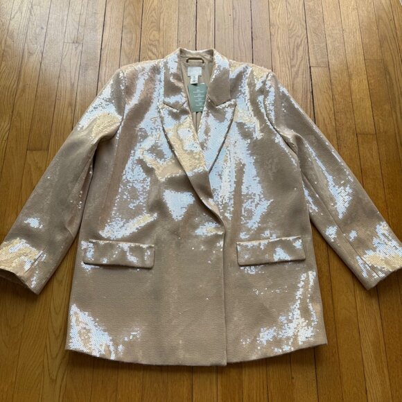 H&M Size L NEW Beige Sequined Glam Rock Party Peak Lapel Blazer Jacket - Picture 15 of 16